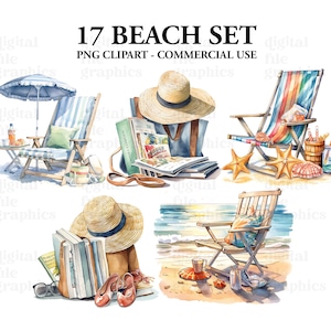Beach Day Set Watercolor Clipart, Beach clipart, Beach Bag, Beach chair, Watercolor Bundle PNG, Scrapbooking, Instant Download image 4