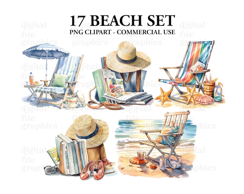 Beach Day Set Watercolor Clipart, Beach clipart, Beach Bag, Beach chair, Watercolor Bundle PNG, Scrapbooking, Instant Download image 4