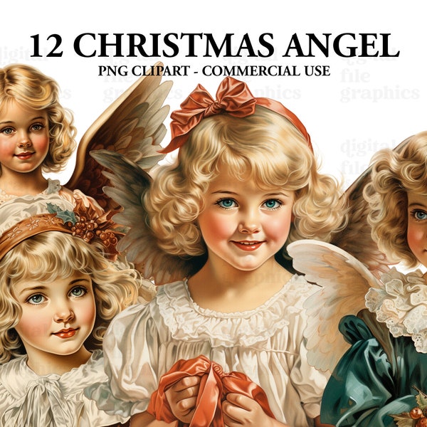 Christmas Retro Angels Watercolor Clipart, Christmas Vintage Clipart PNG, Angels art Clipart, Paper craft - Junk Journal, Scrapbooking