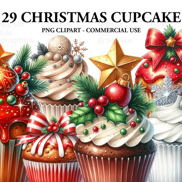 Christmas Cupcakes clipart, Christmas Sweets Clipart set, Christmas Watercolor Cupcake PNG, Scrapbook, Junk Journal, Paper Crafts
