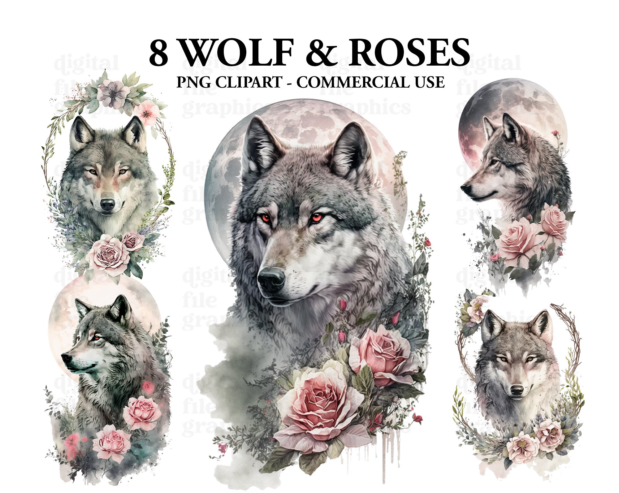 Wolf and Roses Watercolor Clipart Wolf Clipart Wolf Moon - Etsy UK