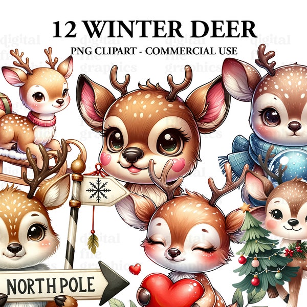 Winter Deer Watercolor Clipart, Christmas Deer Png, Christmas png Clipart, Christmas Graphics, Cute Animals, Paper craft - Junk Journal