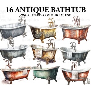 Antique Bathtubs Watercolor Clipart, Bath tub clipart, Bathroom clipart, clipart Bundle PNG, Junk Journal, Paper Crafts Scrapbooking image 2