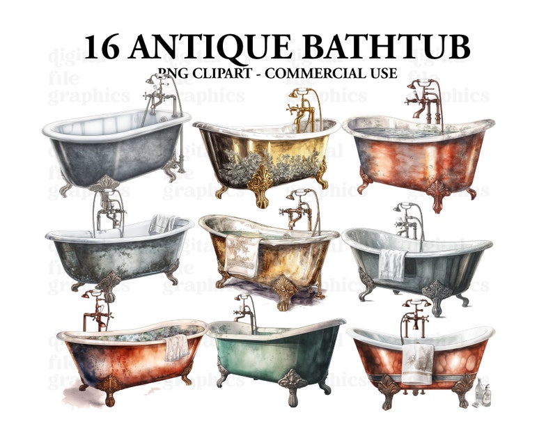 Antique Bathtubs Watercolor Clipart, Bath tub clipart, Bathroom clipart, clipart Bundle PNG, Junk Journal, Paper Crafts Scrapbooking image 2