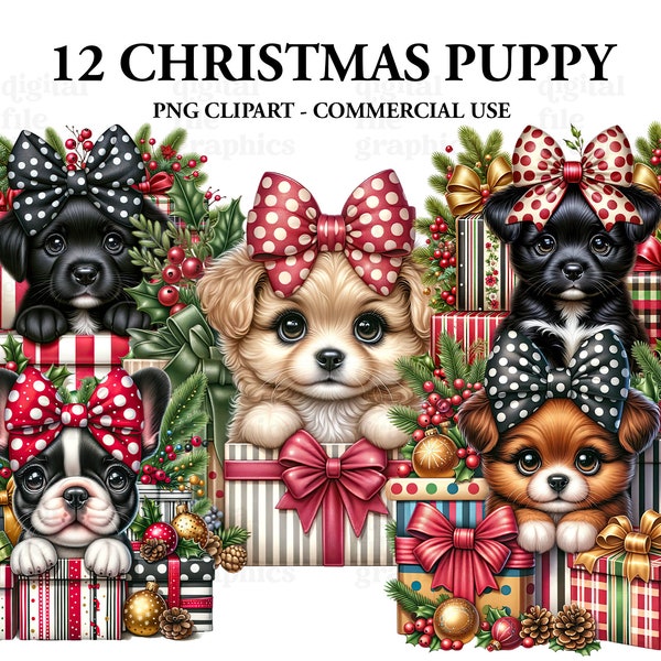 Christmas Puppy Watercolor Clipart, Cute Puppies Dog winter Clipart PNG, Christmas Card graphics, Paper craft - Junk Journal, Scrapbooking