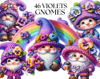 Purple Violets Gnome Watercolor Clipart, Flower Gnome Clipart PNG, Gnome Clipart, Spring graphic, Gnome Digital clipart Paper craft