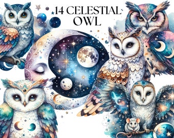 Owl and Moon Watercolor Clipart, Celestial Owls clipart, Fantasy clipart, White Owl Bundle PNG, Magic clipart, Instant Download, Owl Bundle