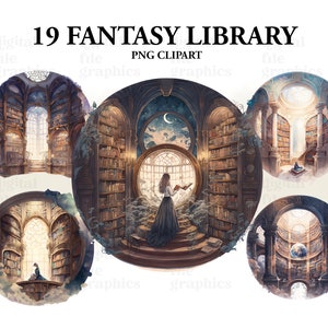 Fantasy Library Watercolor Clipart, gothic Library Interior Room, Library Books Bundle PNG, Bookshelf, Book reading, Academia style