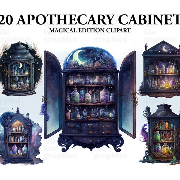 Witches Apothecary Cabinet Watercolor Clipart, Magical Mystical art, Fantasy clipart, Witchcraft Bundle PNG, Magic clipart, Instant Download