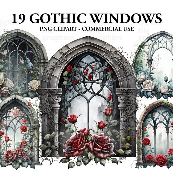 GOTHIC Window Watercolor Clipart, Window clipart, Dark Fantasy clipart, Castle Bundle PNG, Fantasy Window, Instant Download