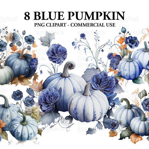 Clipart citrouille bleue, Clipart citrouille aquarelle, automne Clip Art, citrouilles bleu pastel, papier craft - Junk Journal, Scrapbooking