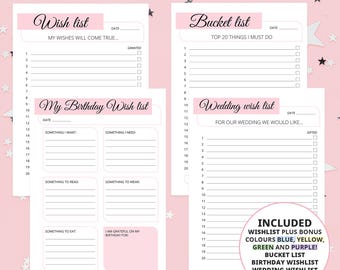Puede incluir: Un paquete de listas de deseos imprimibles en rosa y blanco con cuatro listas diferentes: Lista de deseos, Lista de cosas que hacer, Mi lista de deseos de cumpleaños y Lista de deseos de boda. Cada lista tiene 20 líneas con casillas de verificación y un espacio para una fecha. El paquete incluye colores adicionales: azul, amarillo, verde y morado.