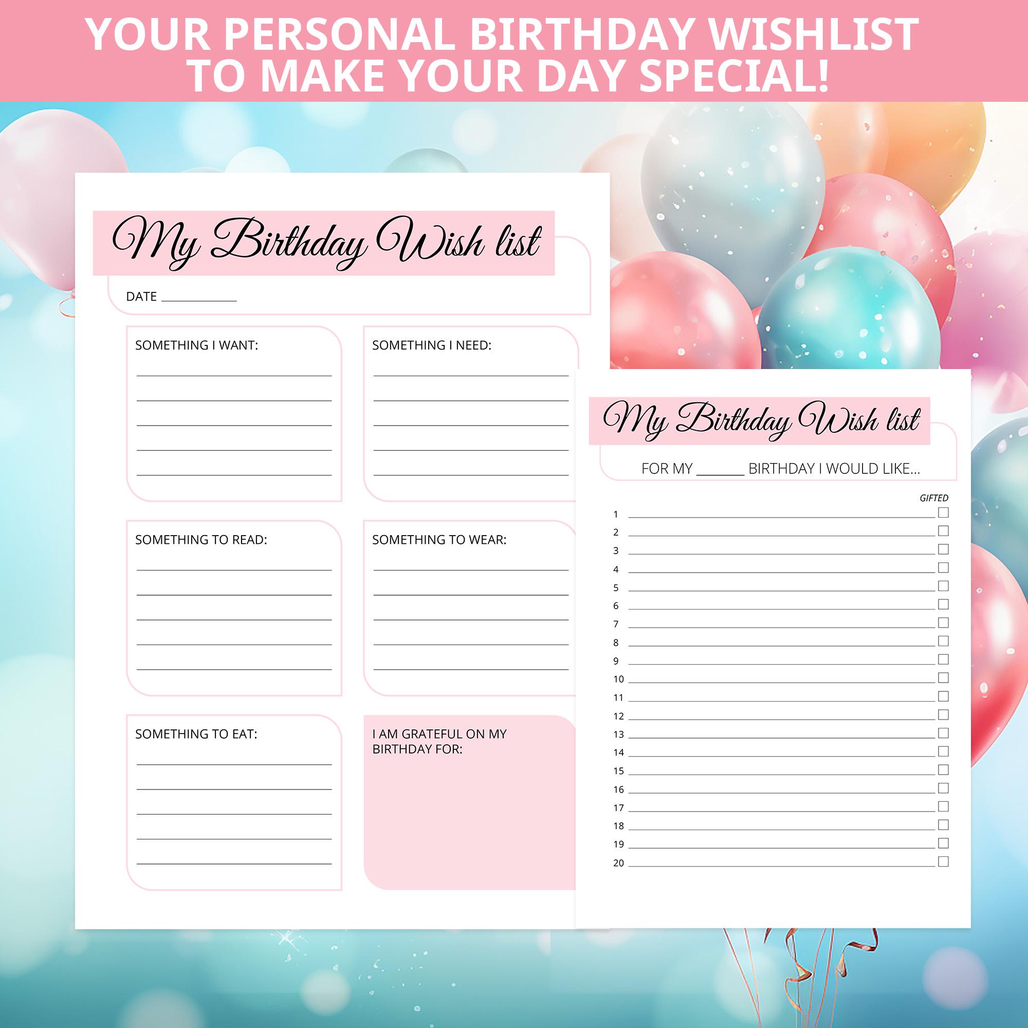 Digital Printable Birthday Wish List Organize Your Dream Birthday