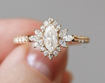 Marquise Cut Moissanite Engagement Ring 14K Rose Gold Wedding Ring Round Diamond Halo Art Deco Bridal Ring Promise Ring Anniversary Ring
