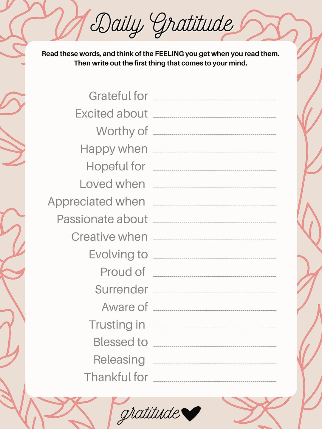 Gratitude Worksheet Daily Gratitude Page Self help Self improvement
