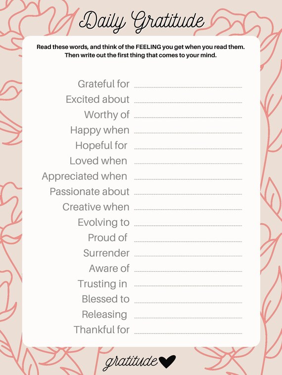 Gratitude Worksheet Daily Gratitude Page Self help Etsy