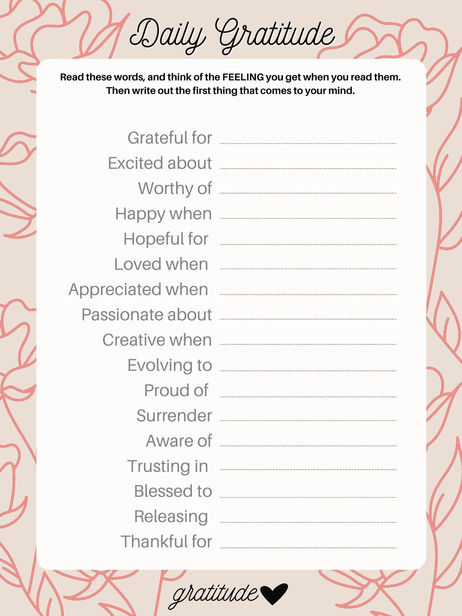 Gratitude Worksheet Daily Gratitude Page Self help Self improvement 