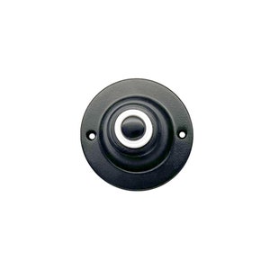 Può includere: Un pulsante del campanello nero con un design circolare. Il pulsante ha un centro rialzato con un anello bianco attorno al pulsante. Due piccoli fori sono su entrambi i lati del pulsante.