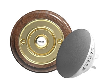 Traditional High Quality Round Wireless Doorbell in Tudor Oak and Brass