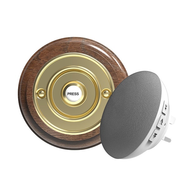 Traditional High Quality Round Wireless Doorbell in Tudor Oak and Brass