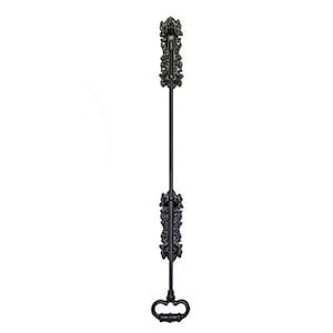 May include: A black, ornate door bolt with decorative floral accents. The bolt features a long, slender rod connecting two decorative plates and a key-shaped handle. The metal hardware is designed for security and adds a vintage aesthetic.