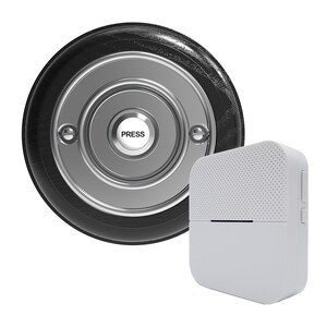May include: A black and silver doorbell button with a wooden frame and a white button that says "PRESS". The doorbell is paired with a white wireless chime with a speaker grille.