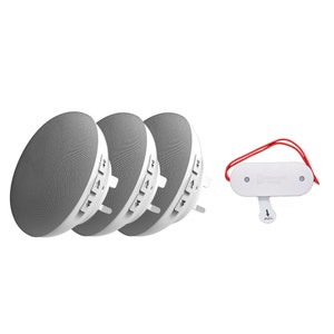 May include: Three grey and white speakers with control buttons are displayed next to a white device with a red pull cord. The speakers have a rounded shape with a mesh fabric front. The white device has the word "PULL" printed on it.