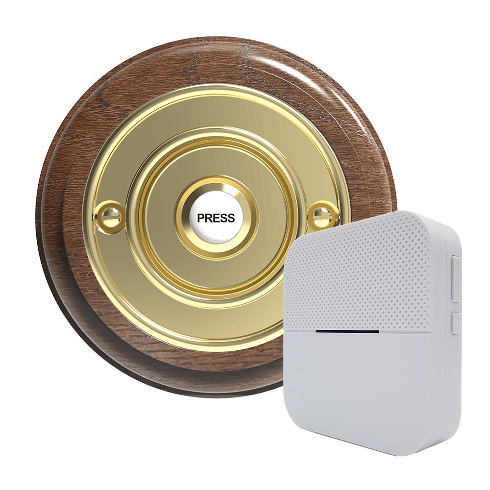 Traditional High Quality Round Wireless Doorbell in Tudor Oak and Brass ...