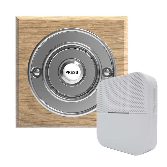 Traditional Square Wireless Doorbell in Natural Oak and Chrome