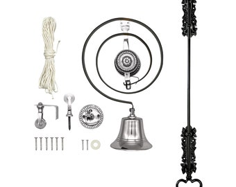May include: A silver doorbell kit with a bell, a pull chain, and mounting hardware. The pull chain is black and has a decorative design.