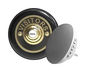 Traditional Round Wireless Doorbell VISITORS in Black Ash and Brass