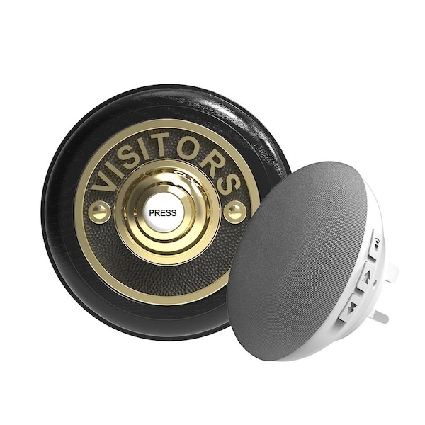 Traditional Round Wireless Doorbell VISITORS in Black Ash and Brass