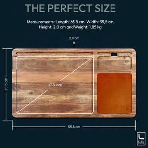 Afmetingen en het gewicht van de lapdesk in een infographic.