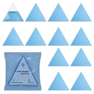 May include: A pack of 12 light blue plastic triangles, with 11 loose pieces and one sealed in a clear plastic bag labeled Craft Triangles Pack of 12, Soft Recyclable Plastic, and the website www.clpa.au, featuring a tree logo and recycling symbol.