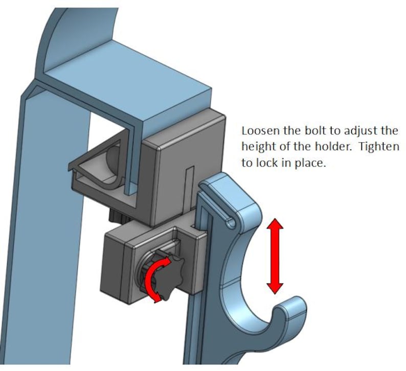 K&ouml;nnte beinhalten: 3D-gerendertes Bild eines mechanischen Halters in Blau und Grau. Der Text lautet: &bdquo;L&ouml;sen Sie die Schraube, um die H&ouml;he des Halters einzustellen. Zum Arretieren festziehen.&ldquo; Ein roter Pfeil zeigt die Einstellrichtung an.