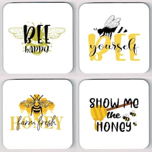 Honey Bee Coasters, A range of Bee Quotes on Coasters, Bumble Bee Quote Coasters