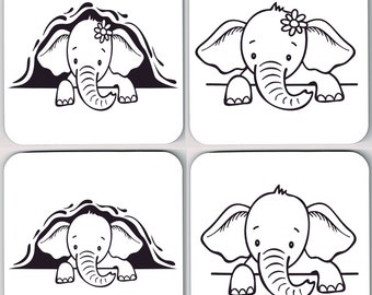 Peeping Elephant Coasters, Cute Elephant Coasters, Peeping Elephant Image Coasters