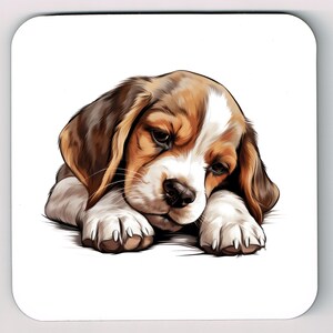 May include: A square coaster with a detailed illustration of a beagle puppy. The puppy is in brown, white, and black, with a sad expression. The coaster has rounded corners and a white background.