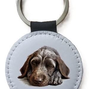 May include: A circular keyring with a detailed illustration of a sleeping dog. The dog has brown and white fur, with its head resting on its paws. The keyring has a silver ring and a black strap.