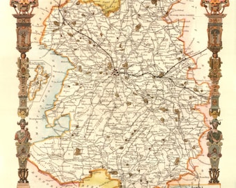 Vintage Antique Reproduction Shropshire County Map, Thomas Moule, c1831-1850