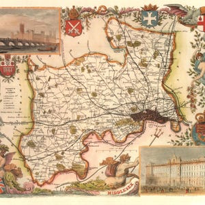 May include: A detailed antique map of Middlesex, England, showing roads, towns, and geographical features. The map is decorated with coats of arms, illustrations of buildings, and a depiction of the River Thames, showcasing historical cartography.