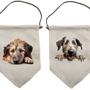 May include: Two beige fabric wall banners with wooden dowels and black hanging cords. The left banner features a sleeping shaggy dog with brown and black fur. The right banner displays a happy, alert shaggy dog with its paws resting on a ledge.