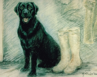 Impresión artística de edición limitada de un labrador retriever negro de Gill Evans GE180