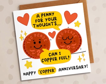 Penny For Your Thoughts, Copper Wedding Anniversary, Romantic, 7th Anniversary, Love Card, Cute Card, Funny Card, For Him, For Her