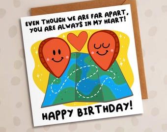 Long Distance Card, Across The Miles, Far Apart, Map Card, Happy Birthday, Funny Card, Friend, Brother, Sister, Him, Her