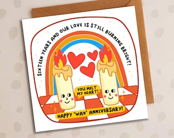 Funny Wax Anniversary Card, Sixteen Years, 16th Wedding Anniversary, Candles, Cute Card, Funny Card, For Him, For Her