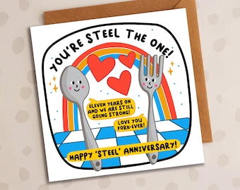 Funny 11th Steel Anniversary Card, You're Steel The One, Steel, Forks, Spoons, Romantic Card, Girlfriend, Boyfriend, Husband, Wife