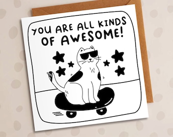 Awesome Cat Birthday Card, Cat Riding Skateboard, Cat, Cute, Funny, Friend, Dad, Mum, Bro, Sis, Uncle, Aunt, Nephew, Cousin, Niece