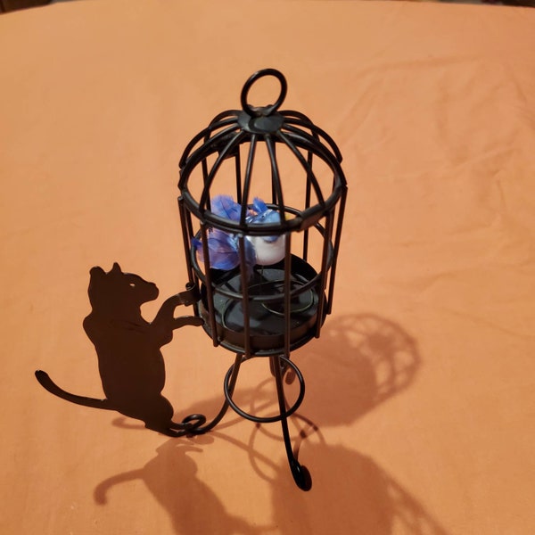 Cat Looking In Bird Cage Can Also Be Used For Tea Lite Candle