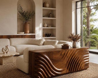 Modern Walnut Sideboard Cabinet Wave Carved Buffet Cabinet Mid Century Credenza for Living Room & Dining Roon